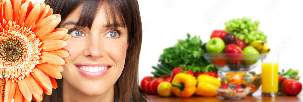 Sticker beautiful woman with flower and vegetables.