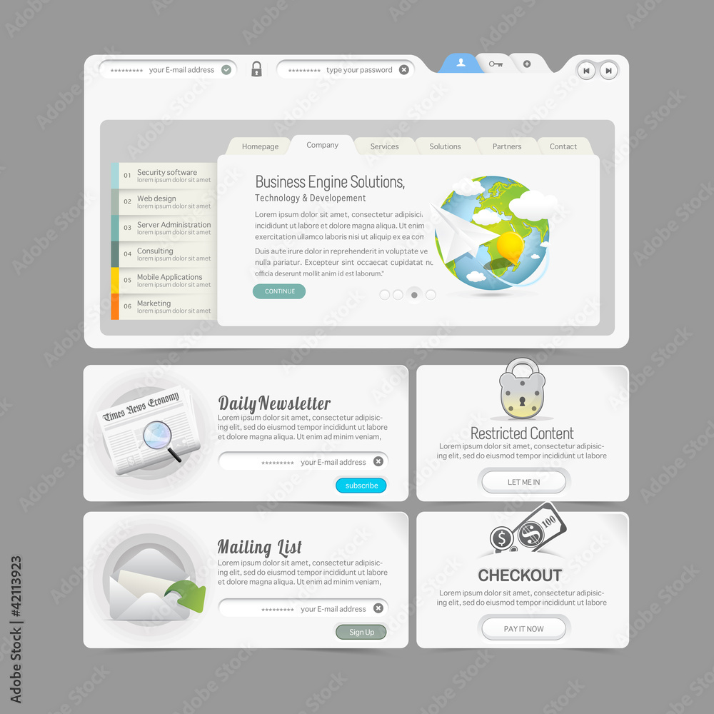 Wall mural website template menu elements with icons: image slider