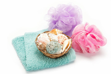 Spa or bathroom concept with towels, on a white background.