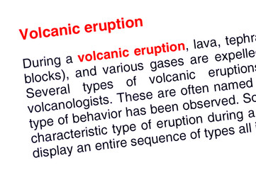Volcanic eruption text highlighted in red