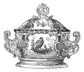 Tureen, a serving dish for food, vintage engraving.