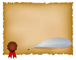 Old paper sheet with feather and seal wax stamp