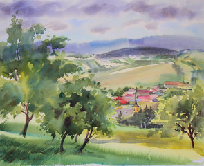 Fototapeta premium Austrian landscape painted by watercolor