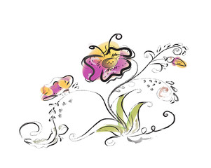 a flower with a butterfly, drawing with a brush