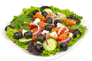 salad, olives, basil, onion, tomato and mozzarella