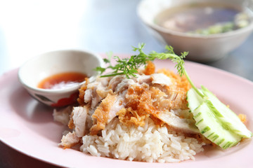 Thai food gourmet fried chicken with rice , khao mun kai tod in