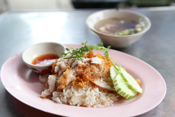 Thai food gourmet fried chicken with rice , khao mun kai tod in