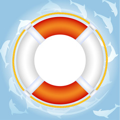 Lifebuoy over water with dolphins