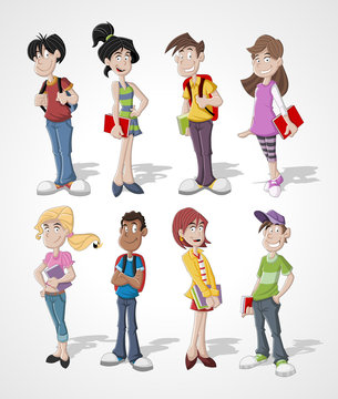 Group of cartoon teenager students