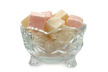 Turkish Delight in glass bowl on white background