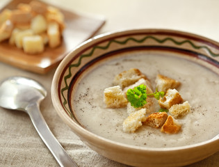 Soup and dried crusts on the table, studio shot
