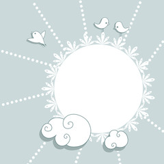 Blue vintage card with birds and clouds, digital scrap-booking