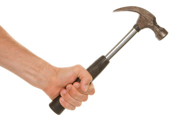 Man holding a old metal hammer
