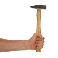Man holding a old wooden hammer