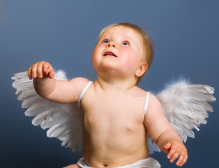 Infant baby with angel wings on neutral background