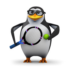 3d Penguin in glasses plays tennis