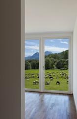 modern home interior, window with countryside views