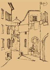 Vector cityscape.  Old medieval street  in Mediterranean town