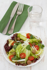 vegetable salad on the plate and glass of water