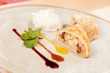 apple strudel with vanilla ice cream