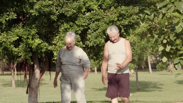 ACtive old couple jogging and checking blood pressure