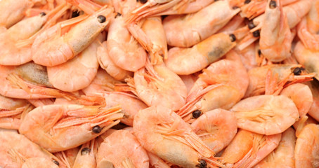 closeup on prawns in a market place