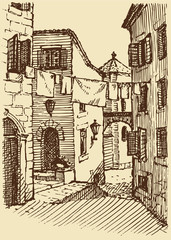 Vector cityscape. laundry drying between  houses on street