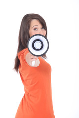 Fototapeta premium Profile view of young woman holding megaphone
