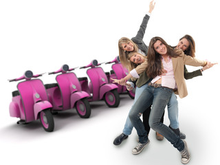 Fototapeta premium Girls and pink scooters