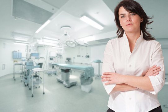 Reassuring woman in operating room