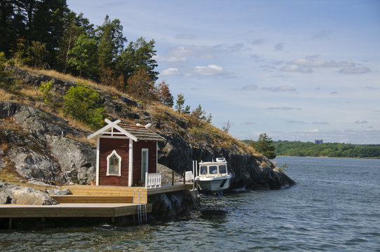 Swedish red cottage on a small island