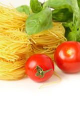 spaghetti, basil and tomatoes