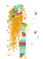 Papier Peint photo Lavable Femme fleurs Femme florale avec papillon pour votre conception