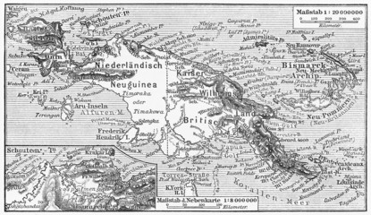 Fototapeta na wymiar Vintage mapa Nowej Gwinei pod koniec 19 wieku