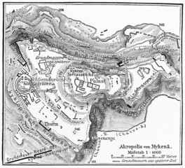Vintage 19th century map of Mycenae, Plan of the Acropolis