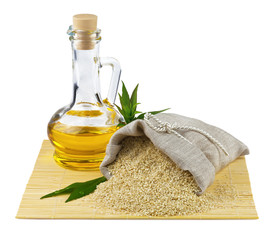 Sack of sesame seeds and glass bottle of oil - 42174169