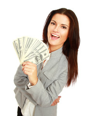 A young woman with dollars in her hands