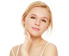 Closeup portrait of a beautiful young woman, isolated on white