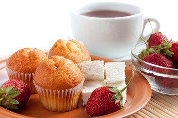 Sweet breakfast or dinner: strawberry, cream cheese, muffins