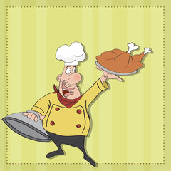funny cartoon chef with tray of  food in hand