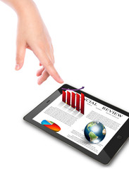 Hand pointing on touch screen device with read graph and earth (