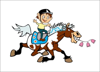 Fotobehang Pony kleine jongen op ponyrug