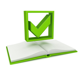 Opened book and green tick mark.