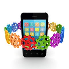 Colorful gears around mobile phone.