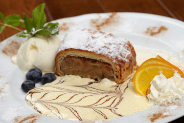 apple strudel with vanilla ice cream