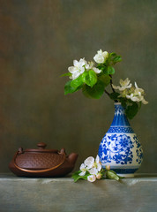 Still life with blooming apple branch