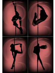 set of black silhouettes of dancing girls strip near the pole