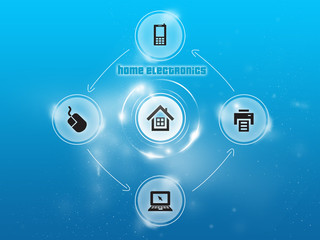 Home electronics, blue background, icons diagram