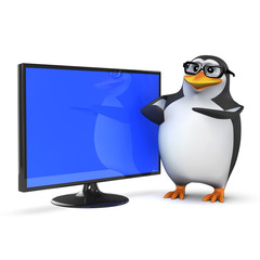 3d Penguin in glasses with lcd hd television