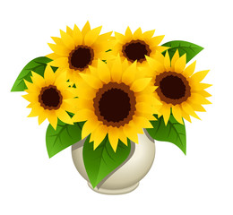 Bouquet of sunflowers in vase. Vector illustration.